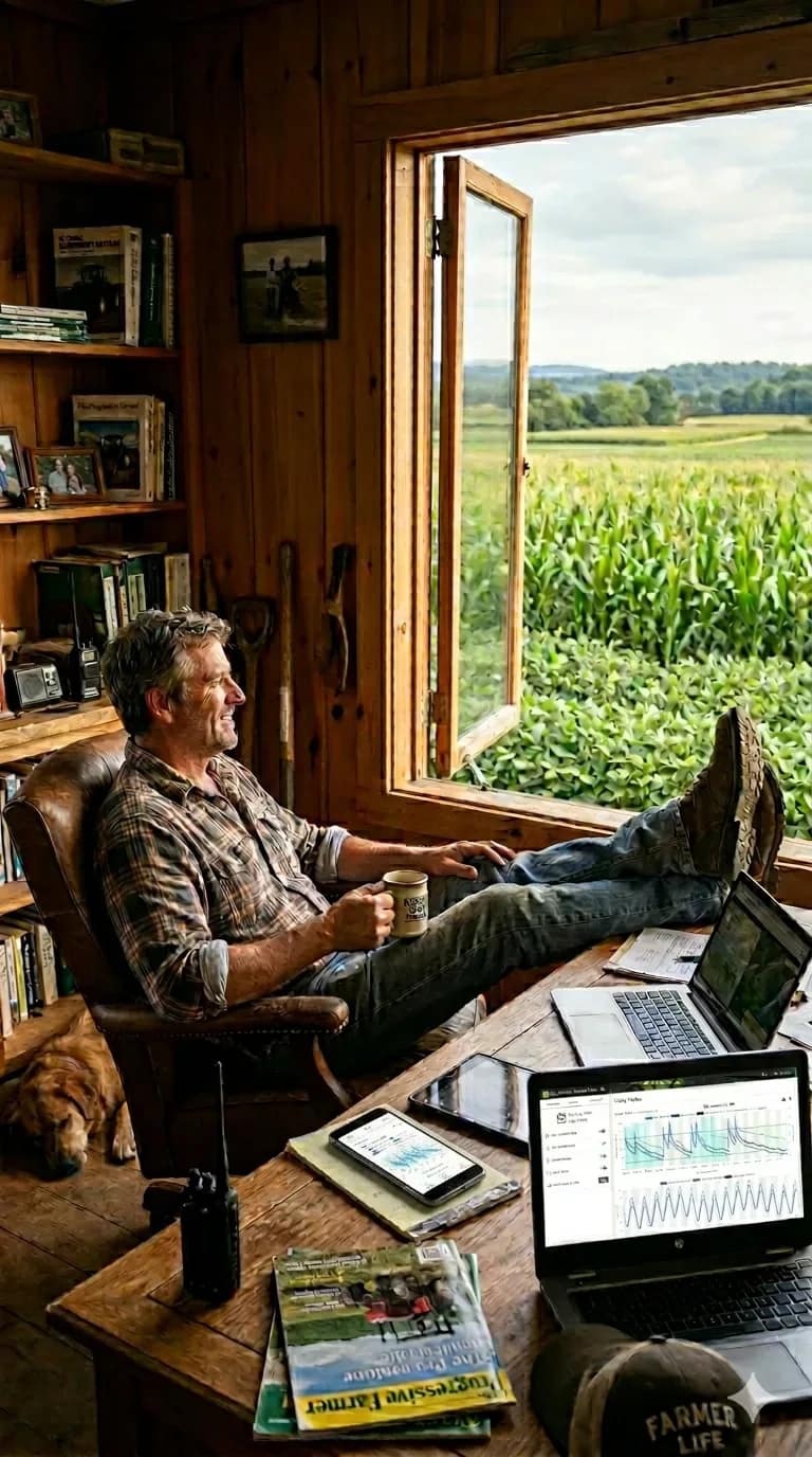 Farmer standing in a greenhouse crop row